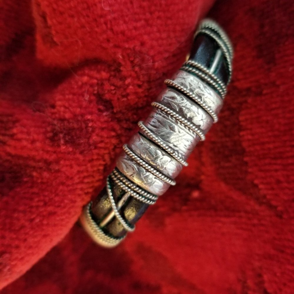 Metal and Black Leather Women's Bracelet